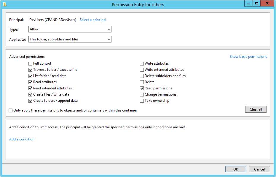 A screen shot of the Permission Entry dialog box, showing special permissions.