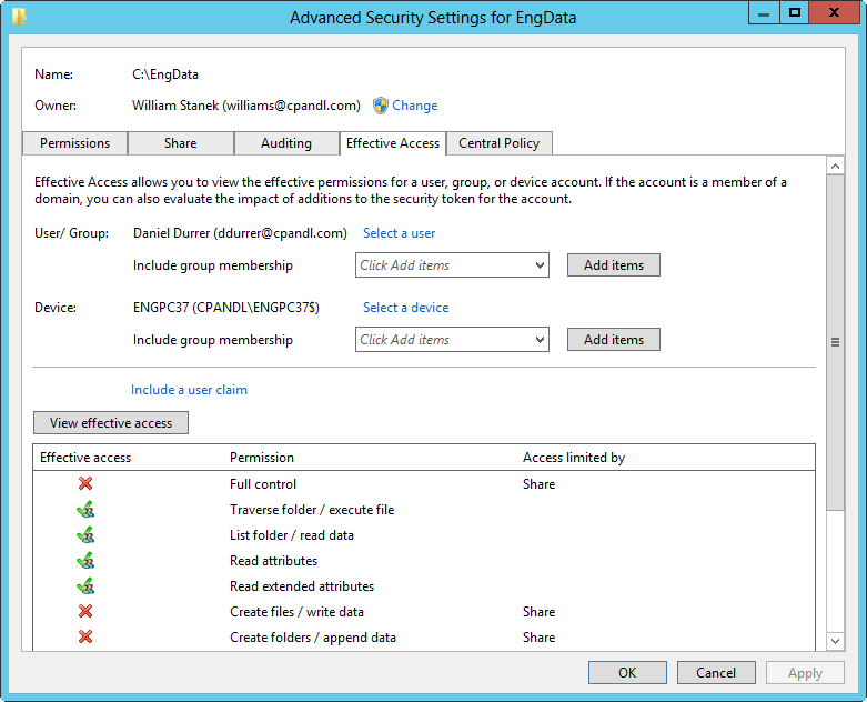 A screen shot of the Advanced Security Settings dialog box, showing effective permissions for a specific user on a specific computer.