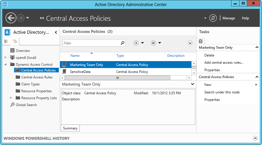 A screenshot of Active Directory Administrative Center with the Central Access Policies node selected and showing policies named Marketing Team Only and SensitiveData.