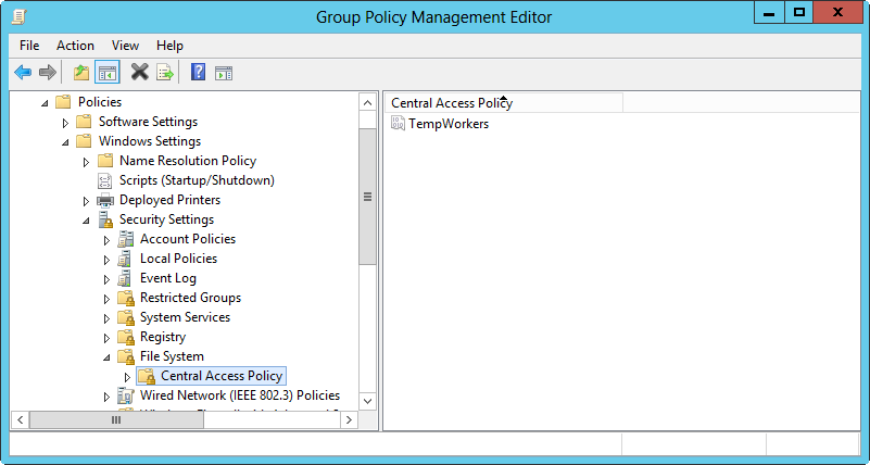 A screen shot of Group Policy Management Editor, showing applied central access policies.