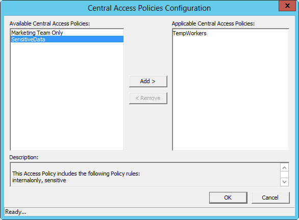 A screen shot of the Central Access Policies Configuration dialog box, showing available policies in the left pane and applied policies in the right pane.