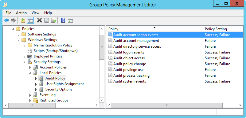 A screen shot of the Local Security Policy console, showing access to basic auditing settings.