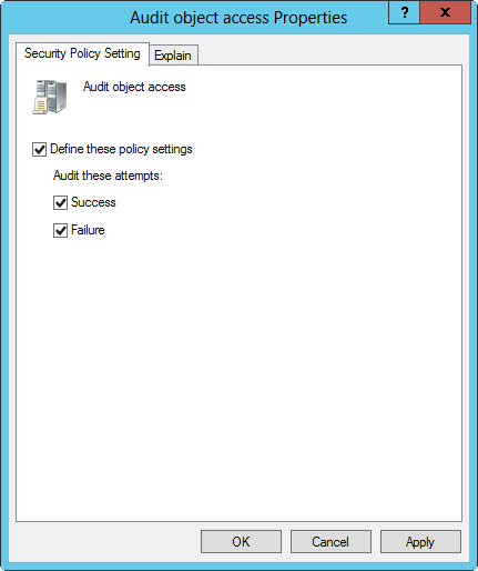 A screen shot of the Audit Object Access Properties dialog box, showing settings for configuring auditing.