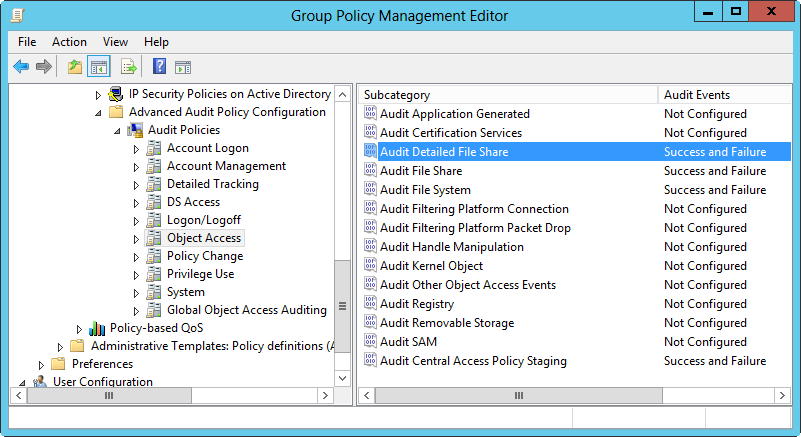 A screen shot of the Local Security Policy console, showing access to advanced auditing settings.