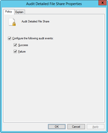 A screen shot of the Audit Detailed File Share Properties dialog box, showing settings for configuring auditing.