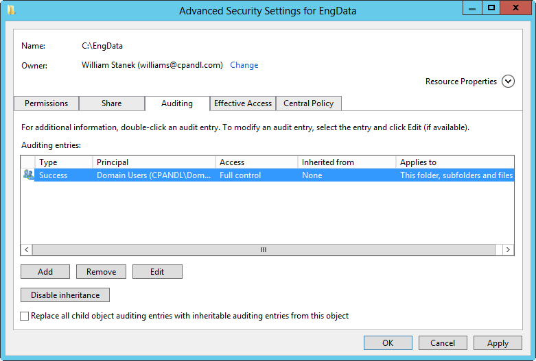 A screen shot of the Advanced Security Settings dialog box, showing settings to specify which users and groups auditing applies to.