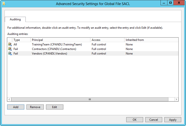 A screen shot of the Advanced Security Settings For Global File SACL dialog box, showing settings to specify how global auditing applies.