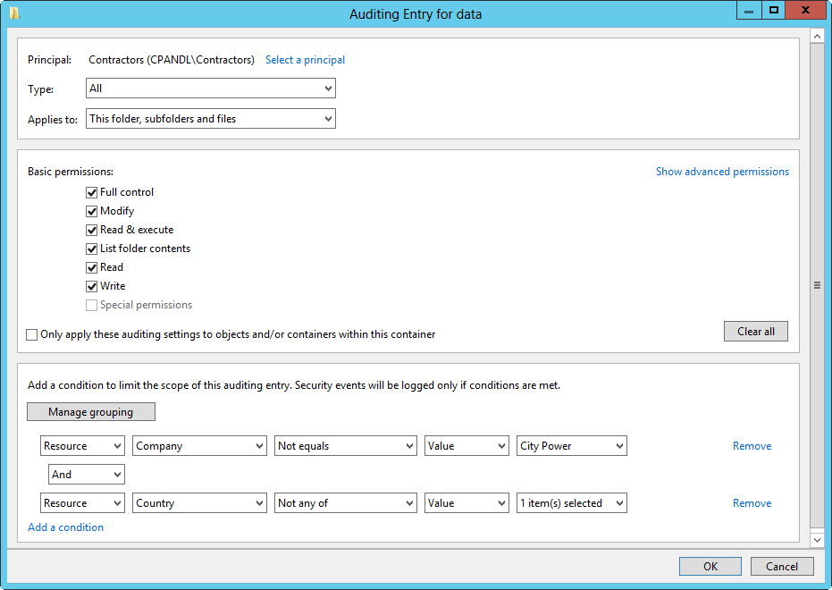 A screen shot of the Auditing Entry dialog box, showing conditions applied to limit the scope of the auditing.